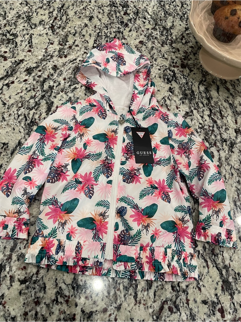 Guess White Hooded Jacket with Pink & Green Tropical Print